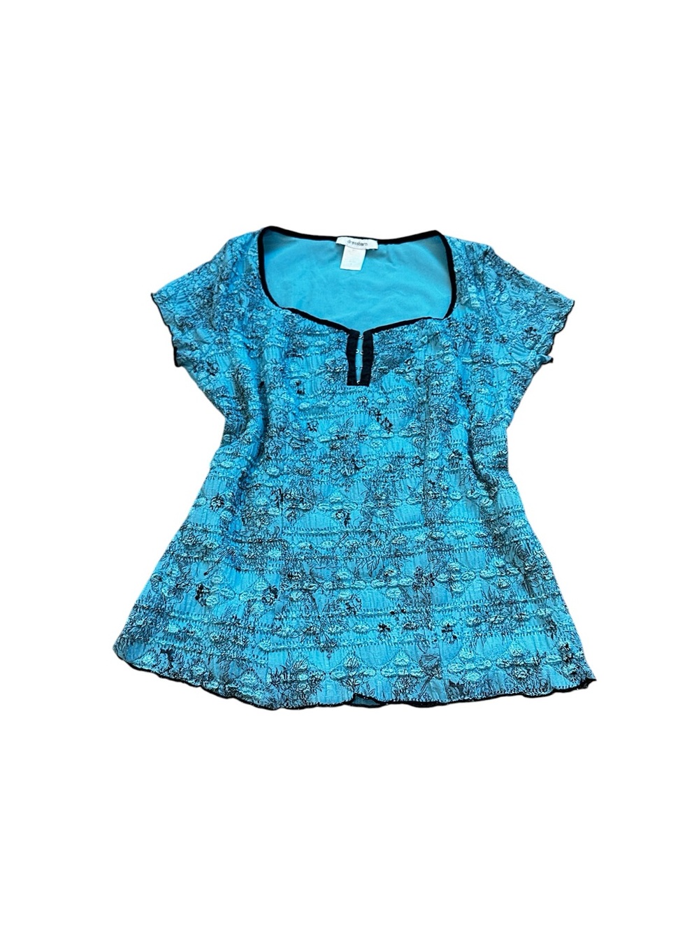 Vintage Dressbarn Blue & Black Trim Crinkle Top Cap Sleeve Y2K Goth Grunge Boho